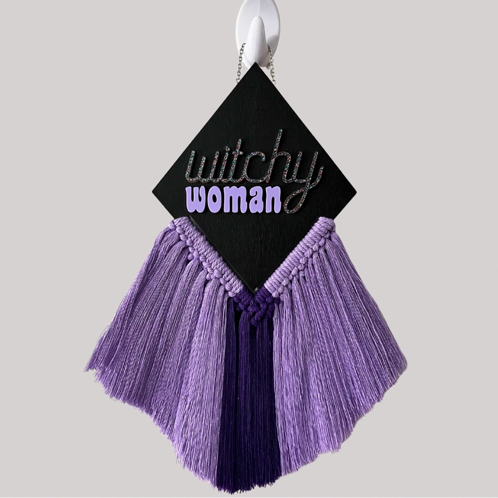 Handmade Macrame Wall Hanging “Witchy Woman” Halloween Wood Acrylic Laser Cut
